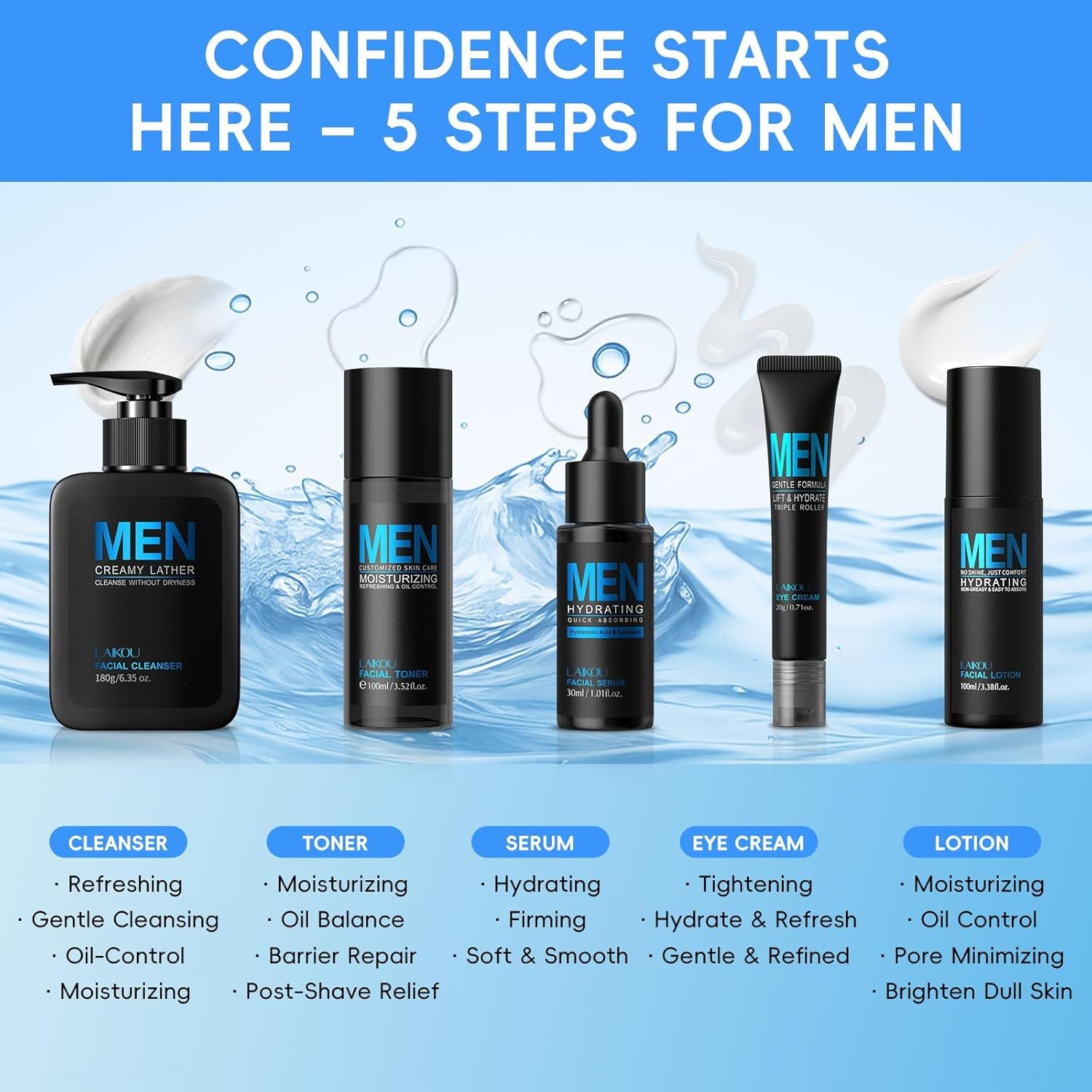 Kit De Soins Visage Homme - Routine Hydratante Complète 3 Pièces Avec Nettoyant, Lotion, Crème - Pour Tous Types De Peau (5 Pcs)