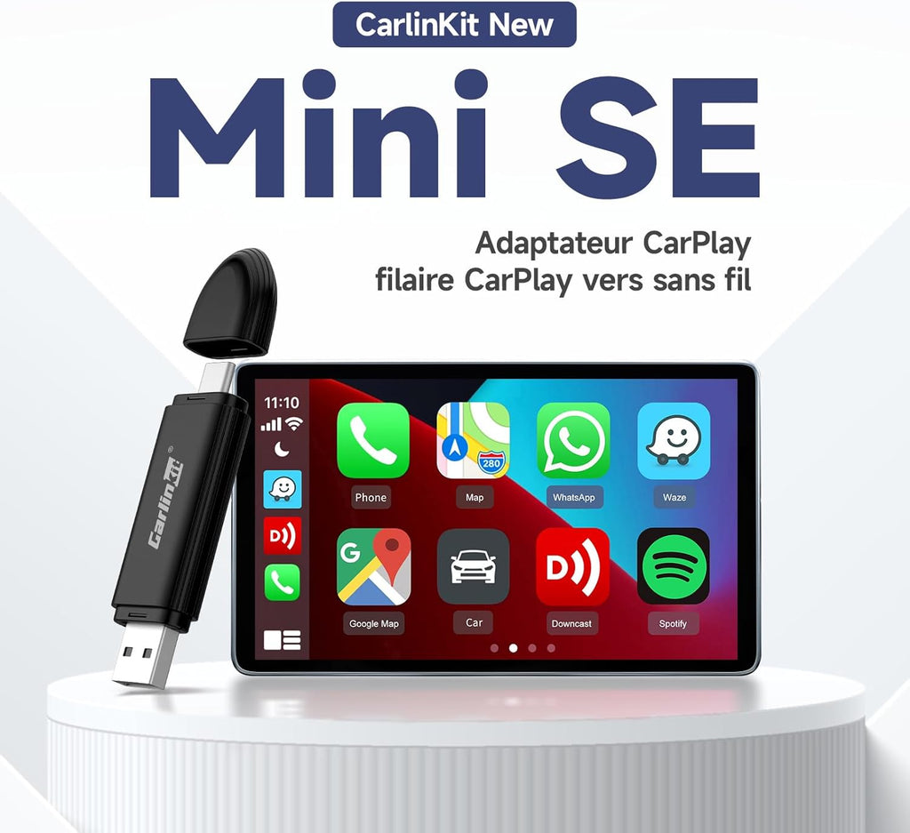 Mini SE Adaptateur Carplay Sans Fil,Convertissez Carplay Filaire En Carplay San Fil,5Ghz Wifi Auto-Connect,Prend En Charge Siri, Musique En Ligne,Navigation,Téléphone