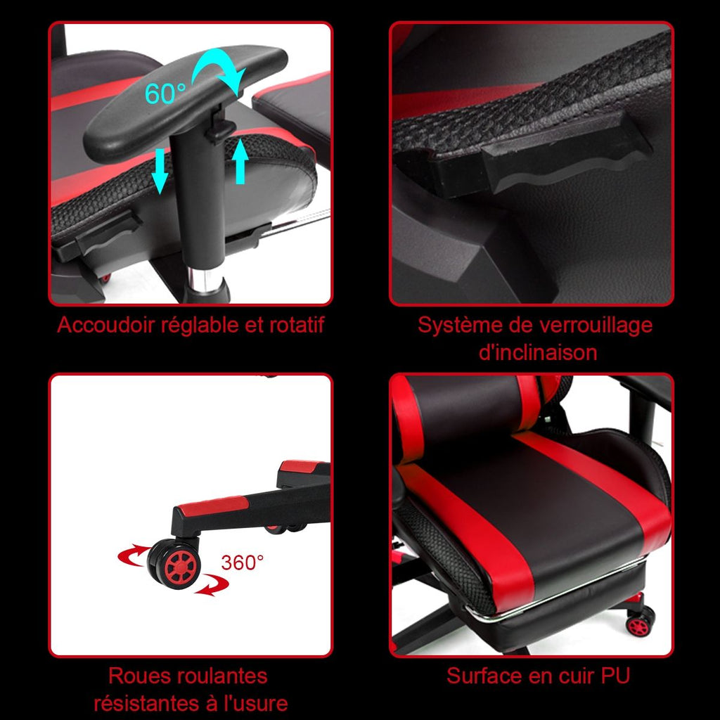 Chaise Gaming Fauteuil De Bureau Hauteur Ajustable Et Dossier Inclinable Repose Pieds Inclus Bleu/Rouge