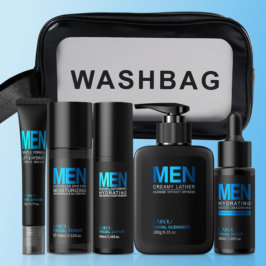 Kit De Soins Visage Homme - Routine Hydratante Complète 3 Pièces Avec Nettoyant, Lotion, Crème - Pour Tous Types De Peau (5 Pcs)