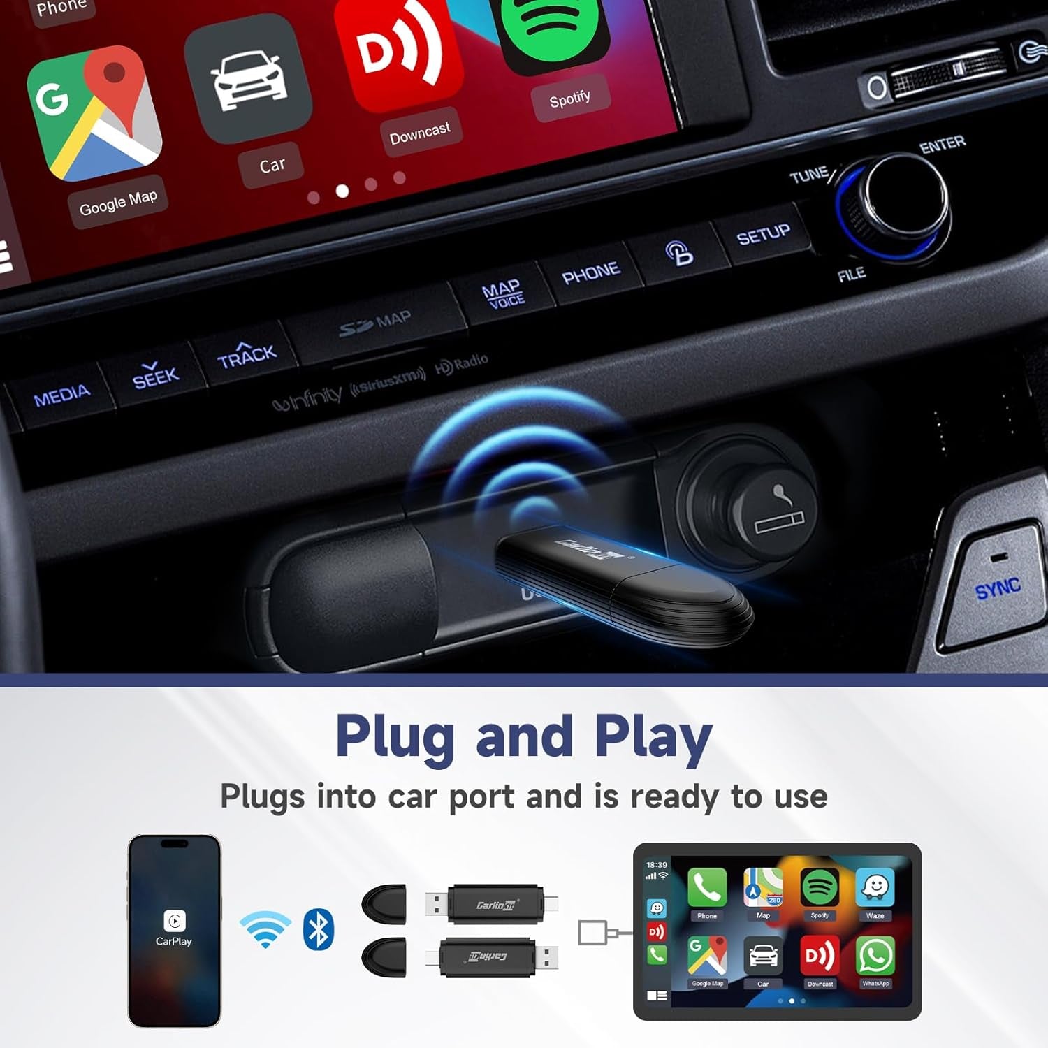 Mini SE Adaptateur Carplay Sans Fil,Convertissez Carplay Filaire En Carplay San Fil,5Ghz Wifi Auto-Connect,Prend En Charge Siri, Musique En Ligne,Navigation,Téléphone