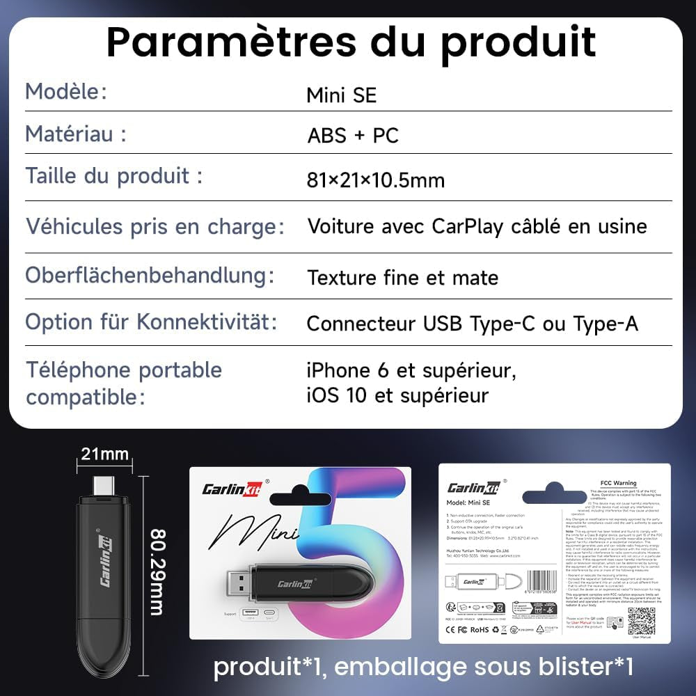Mini SE Adaptateur Carplay Sans Fil,Convertissez Carplay Filaire En Carplay San Fil,5Ghz Wifi Auto-Connect,Prend En Charge Siri, Musique En Ligne,Navigation,Téléphone