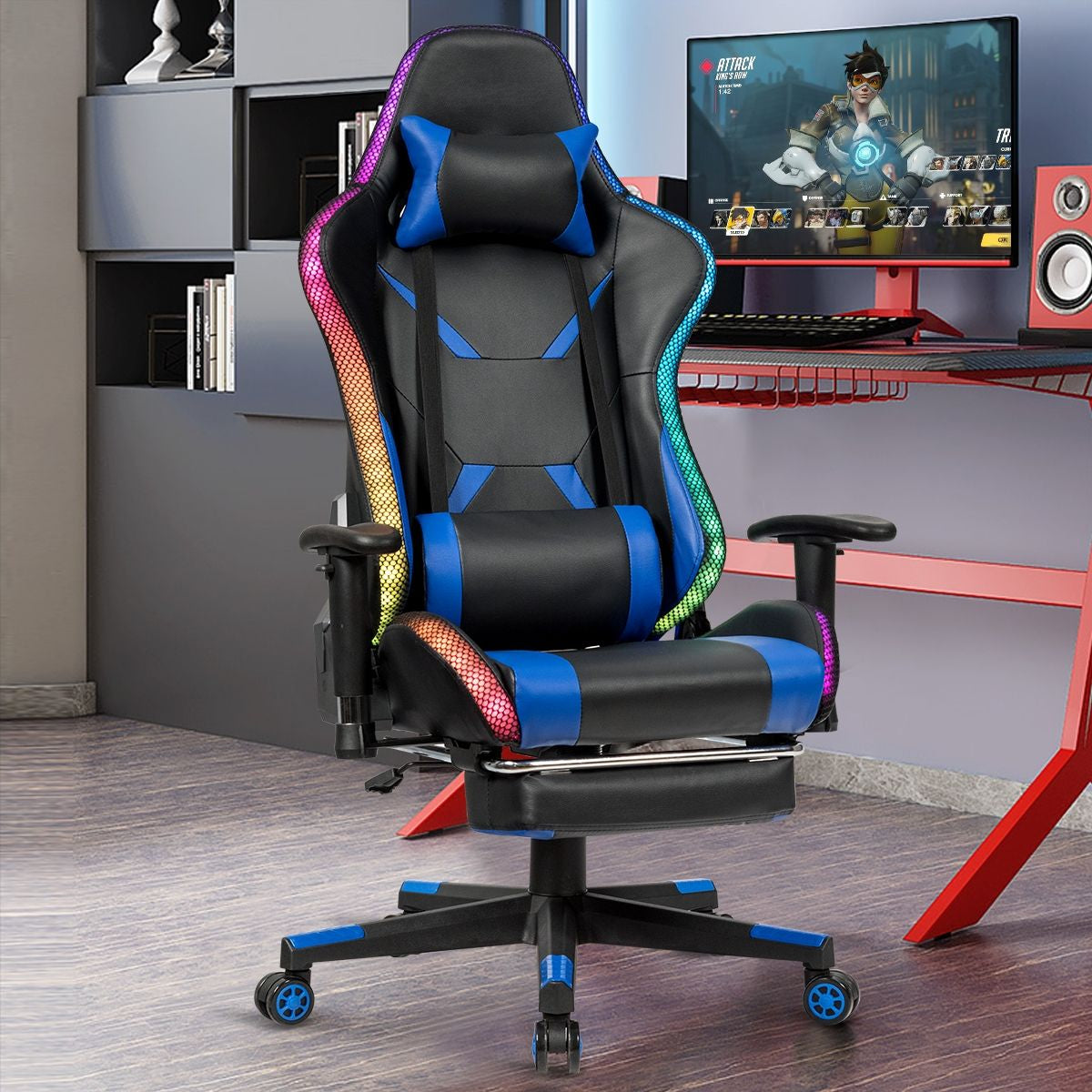 Chaise Gaming Fauteuil De Bureau Hauteur Ajustable Et Dossier Inclinable Repose Pieds Inclus Bleu/Rouge