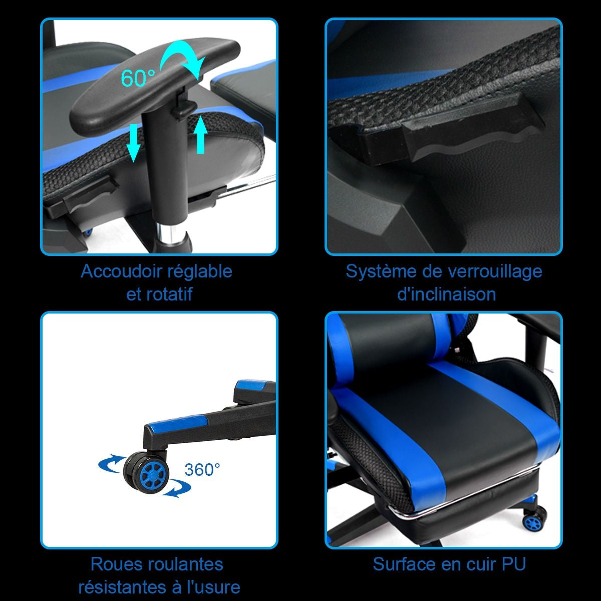 Chaise Gaming Fauteuil De Bureau Hauteur Ajustable Et Dossier Inclinable Repose Pieds Inclus Bleu/Rouge