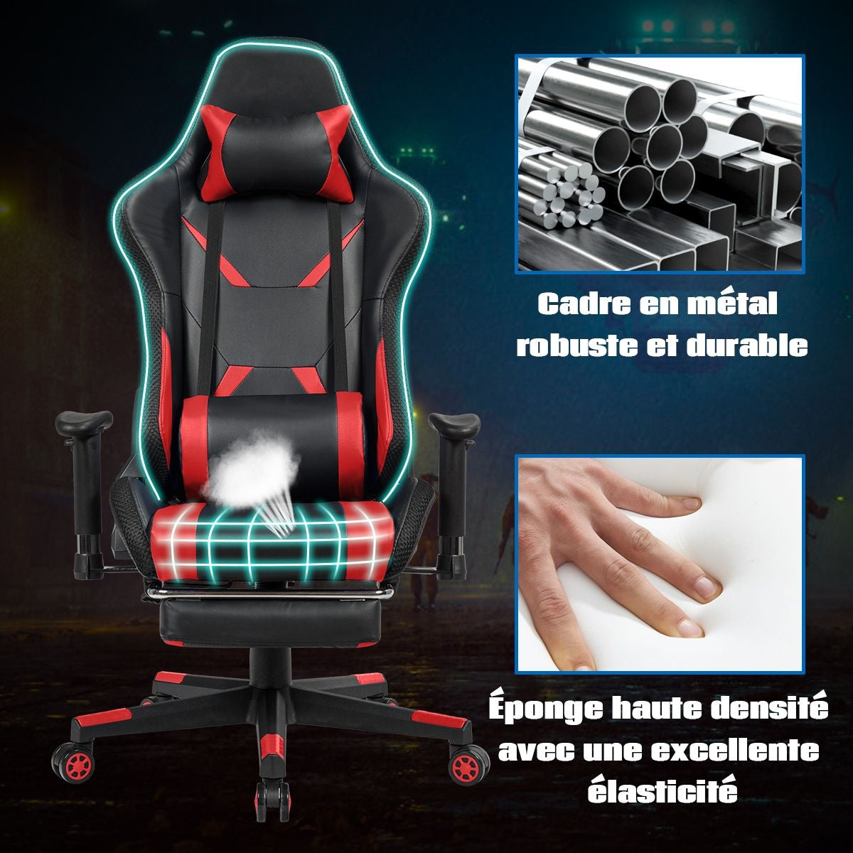 Chaise Gaming Fauteuil De Bureau Hauteur Ajustable Et Dossier Inclinable Repose Pieds Inclus Bleu/Rouge