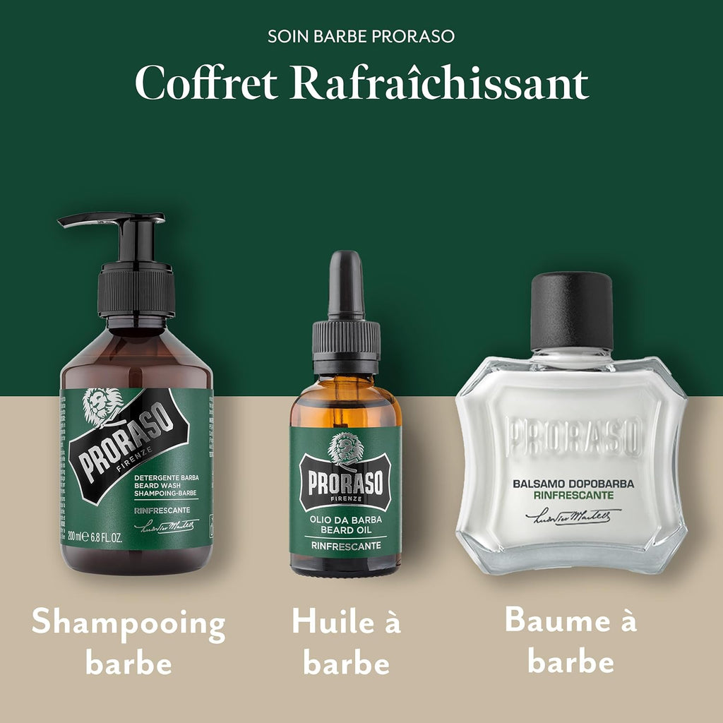 Coffret Soin Barbe Rafraîchissant (3 Produits) - Coffret Cadeau Pour Le Soin De La Barbe Avec Nettoyant À Barbe, Huile À Barbe Et Baume À Barbe - Fabriqué En Italie