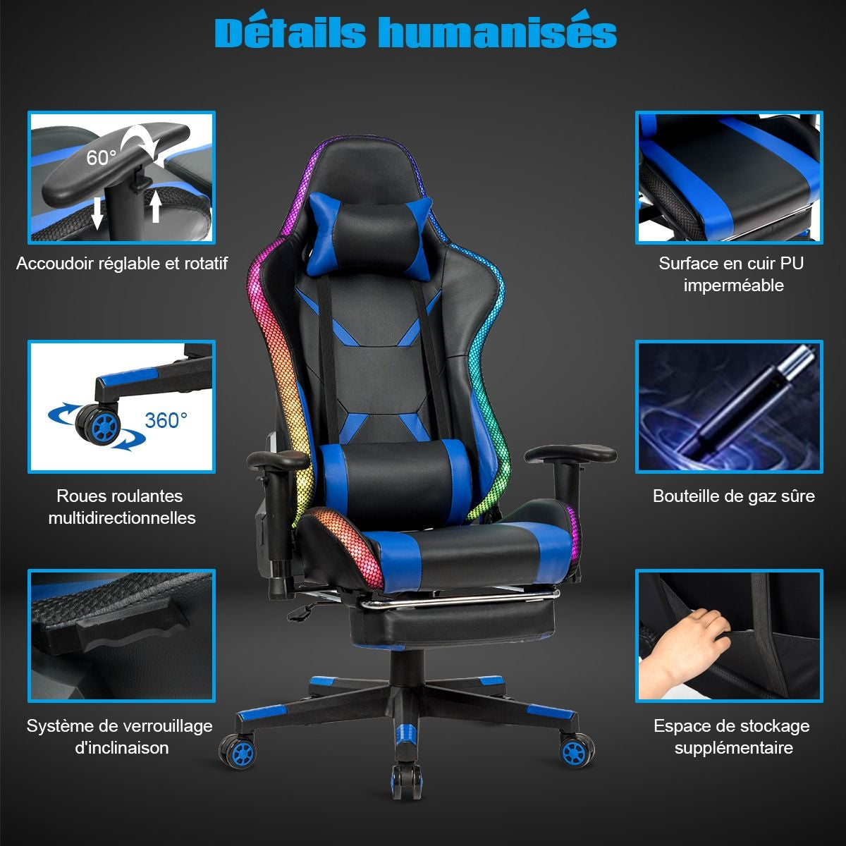 Chaise Gaming Fauteuil De Bureau Hauteur Ajustable Et Dossier Inclinable Repose Pieds Inclus Bleu/Rouge