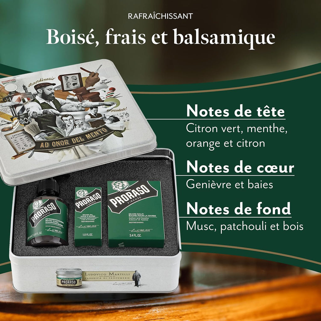 Coffret Soin Barbe Rafraîchissant (3 Produits) - Coffret Cadeau Pour Le Soin De La Barbe Avec Nettoyant À Barbe, Huile À Barbe Et Baume À Barbe - Fabriqué En Italie