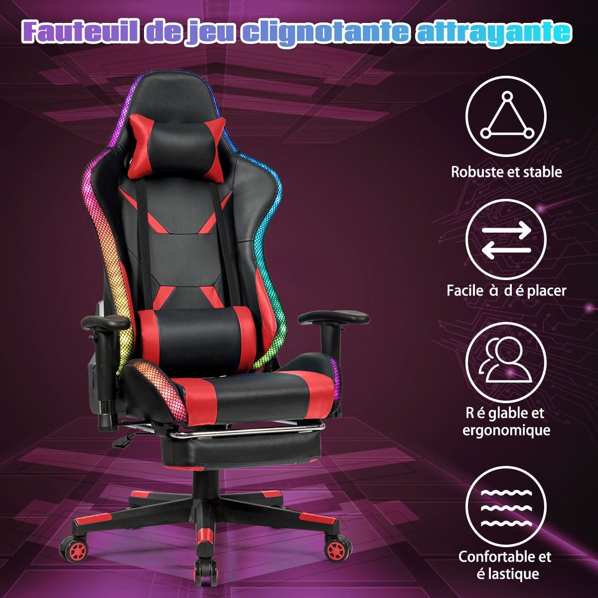 Chaise Gaming Fauteuil De Bureau Hauteur Ajustable Et Dossier Inclinable Repose Pieds Inclus Bleu/Rouge