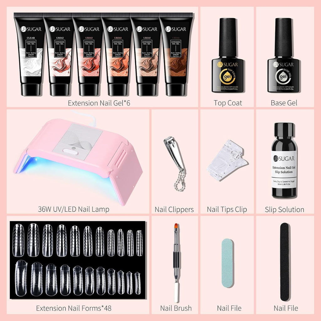 Poly Extension Gel Kit Complet Avec Lampe U V 36W, 6 Couleurs 15Ml Ongle Gel Kit Construction Ongle Tube Lot Ongle Gel Kit Complet Manicure Kit Avec Base Et Top Coat +48 Faux Ongles
