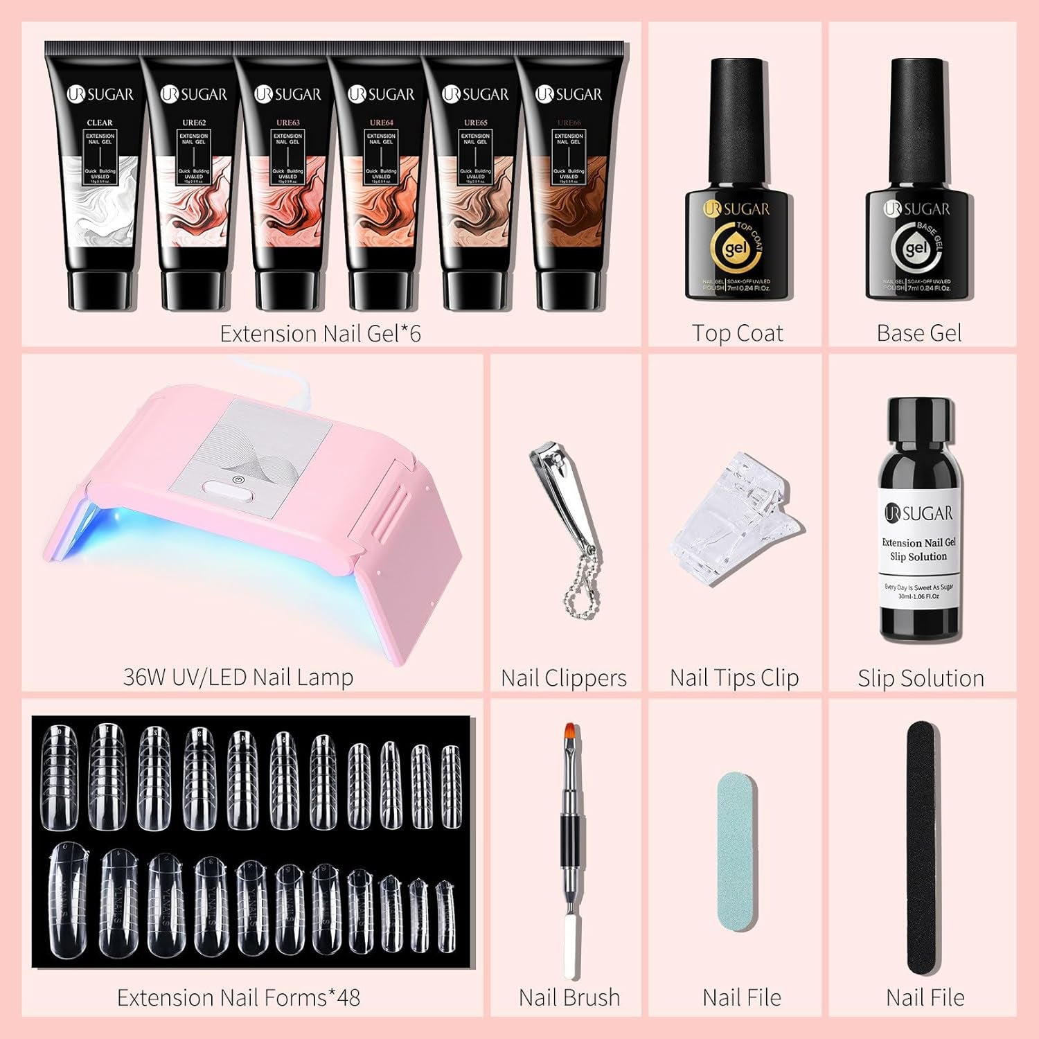 Poly Extension Gel Kit Complet Avec Lampe U V 36W, 6 Couleurs 15Ml Ongle Gel Kit Construction Ongle Tube Lot Ongle Gel Kit Complet Manicure Kit Avec Base Et Top Coat +48 Faux Ongles