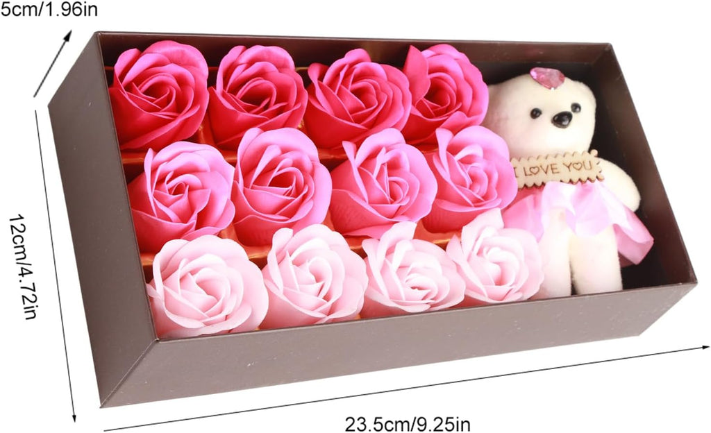 QANYEGN Savon De Bain Parfumé Floral Pétales De Fleurs De Rose, Ours En Peluche, Coffret Cadeau Fleur De Savon Pour Cadeau Romantique De La Saint-Valentin(Dégradé Poudre)