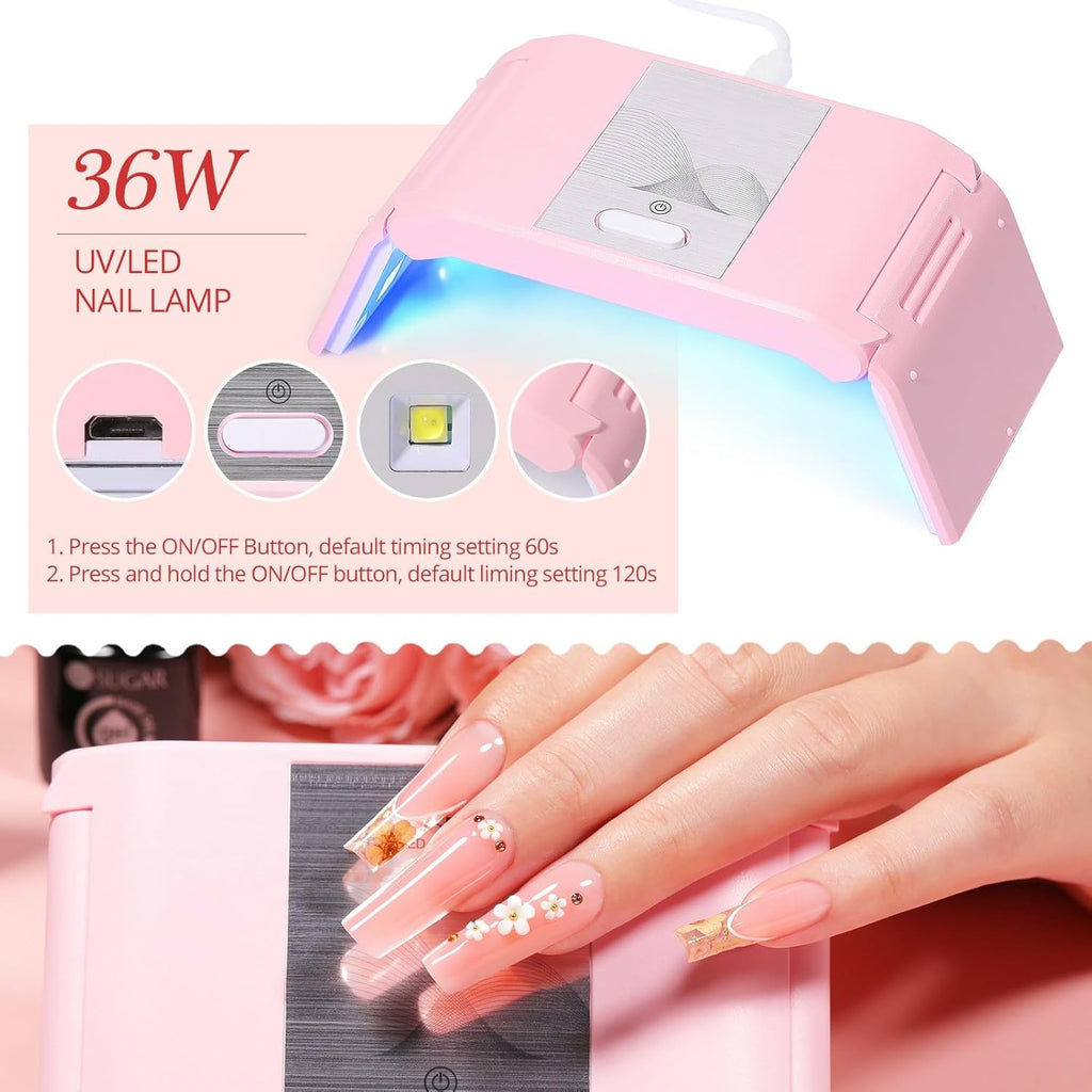 Poly Extension Gel Kit Complet Avec Lampe U V 36W, 6 Couleurs 15Ml Ongle Gel Kit Construction Ongle Tube Lot Ongle Gel Kit Complet Manicure Kit Avec Base Et Top Coat +48 Faux Ongles