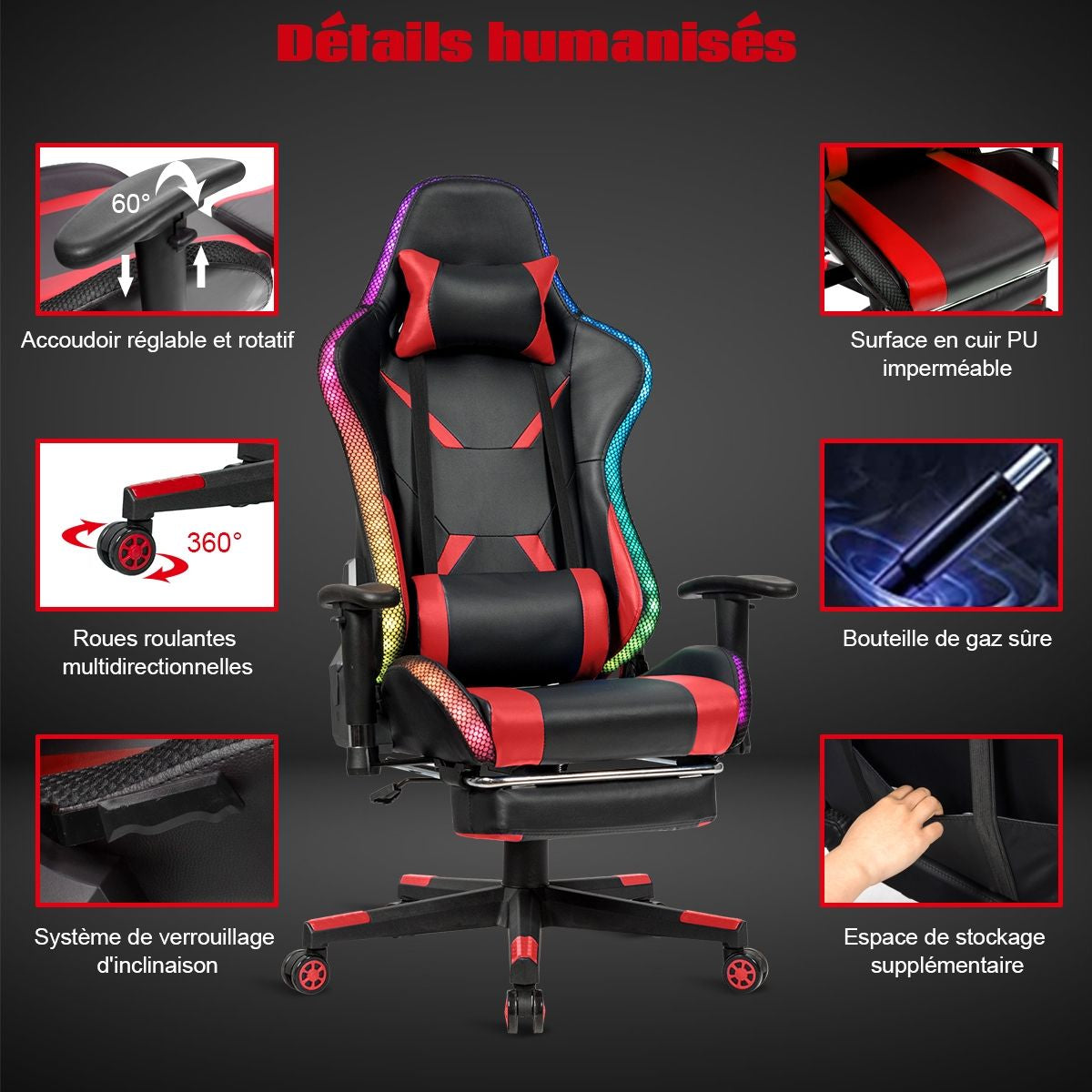 Chaise Gaming Fauteuil De Bureau Hauteur Ajustable Et Dossier Inclinable Repose Pieds Inclus Bleu/Rouge